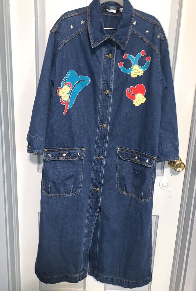 VTG 90’s Newport News Denim Jean Long Western Duster Jacket Trench Coat Sz 10